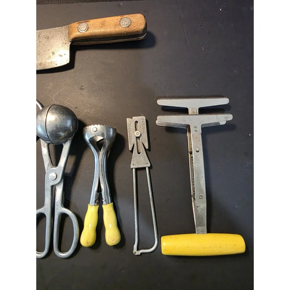 Vintage Kitchen Tools Lot 8 Pc Meat Cleaver Foley Chopper Androck Jar Opener